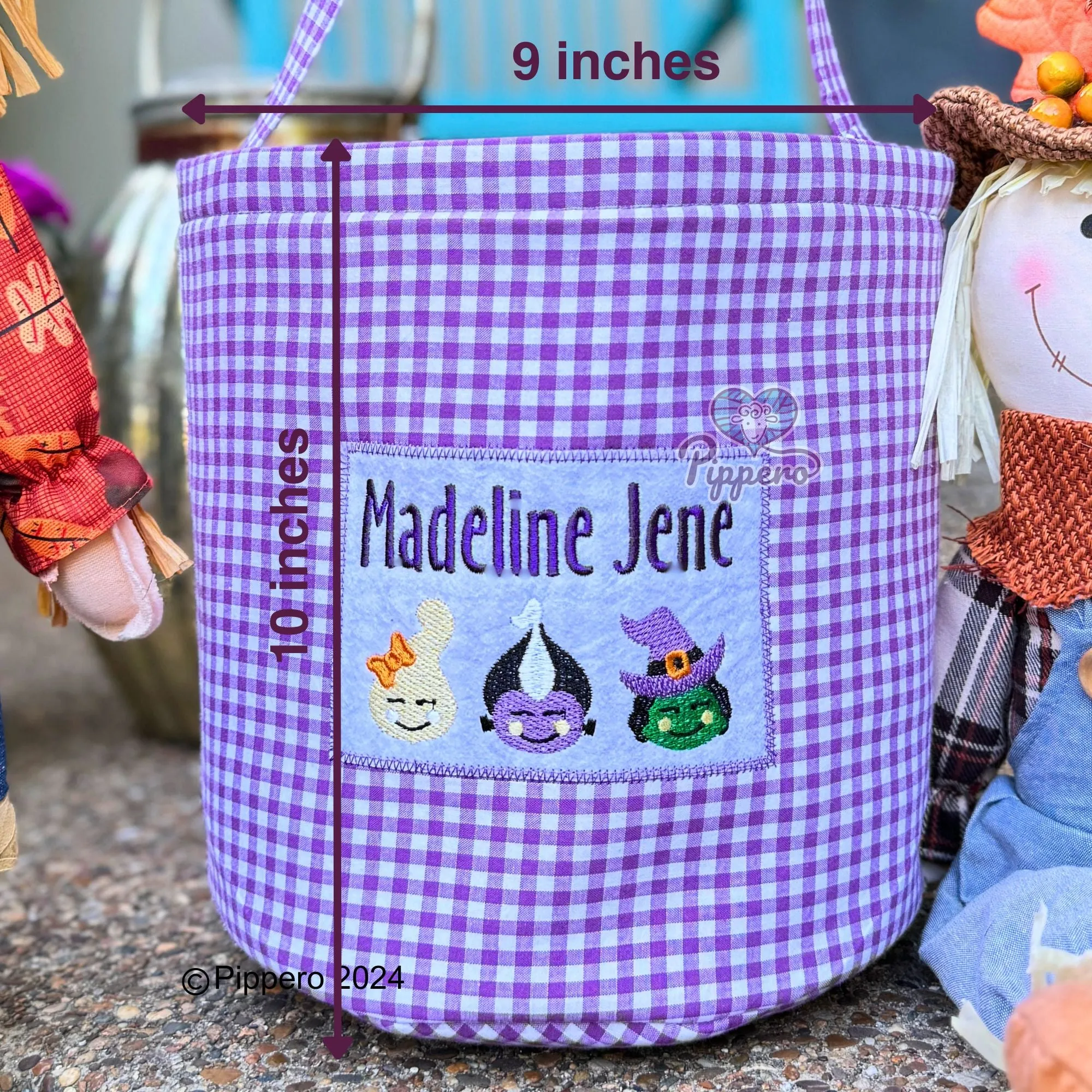 Personalized Custom Embroidered Halloween Trick-or-Treat Candy Basket Bag Bucket Tote Gingham Dracula Frankenstein Witch Pumpkin Boy Girl