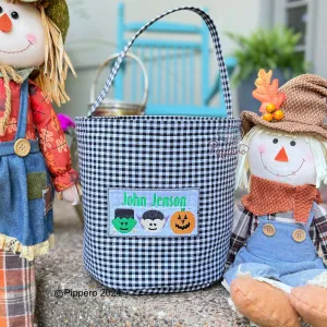 Personalized Custom Embroidered Halloween Trick-or-Treat Candy Basket Bag Bucket Tote Gingham Dracula Frankenstein Witch Pumpkin Boy Girl