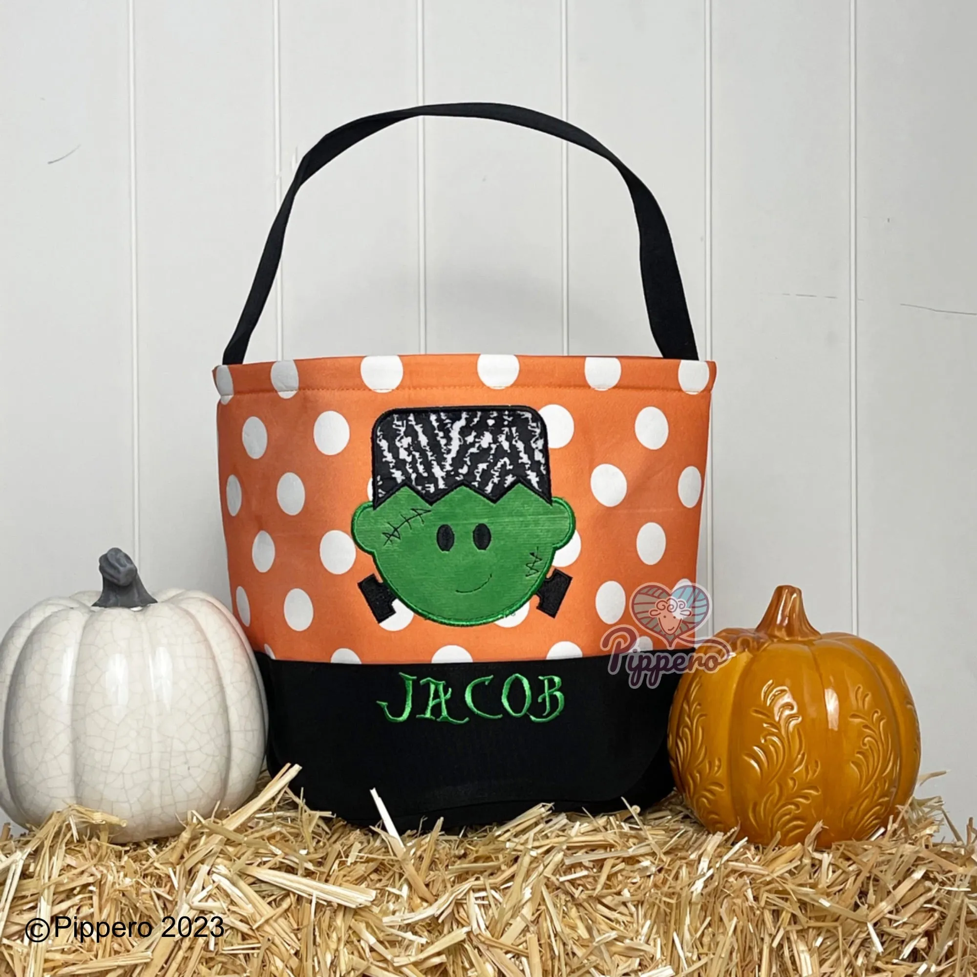 Personalized Custom Embroidered Large Dot Appliqué Character Trick-or-Treat Halloween Candy Bag Basket Bucket Tote Kid’s Gift for Boy or Girl