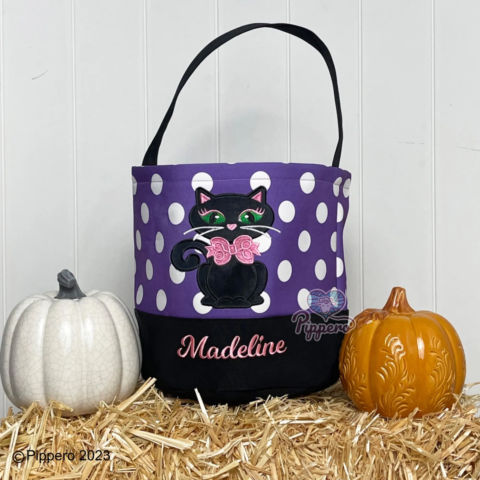 Personalized Custom Embroidered Large Dot Appliqué Character Trick-or-Treat Halloween Candy Bag Basket Bucket Tote Kid’s Gift for Boy or Girl