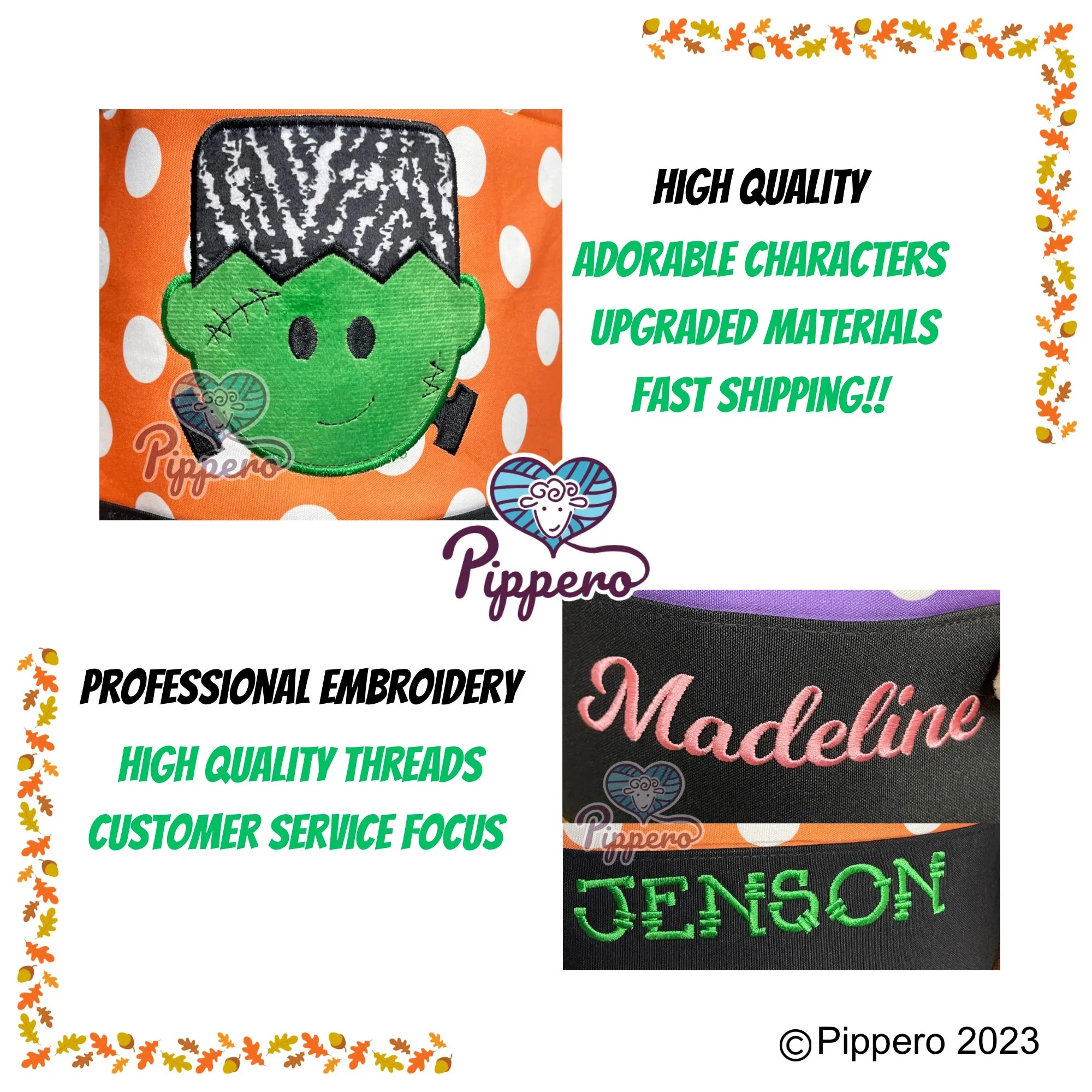 Personalized Custom Embroidered Large Dot Appliqué Character Trick-or-Treat Halloween Candy Bag Basket Bucket Tote Kid’s Gift for Boy or Girl