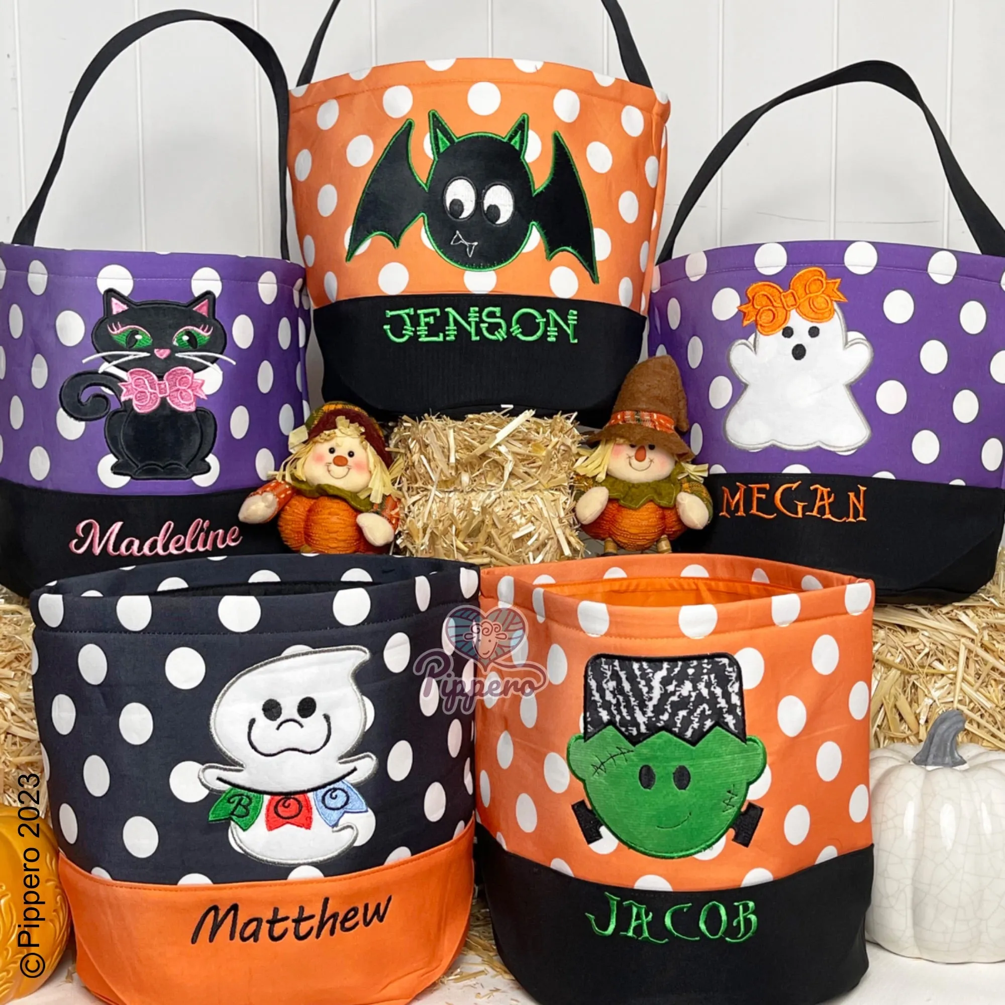 Personalized Custom Embroidered Large Dot Appliqué Character Trick-or-Treat Halloween Candy Bag Basket Bucket Tote Kid’s Gift for Boy or Girl