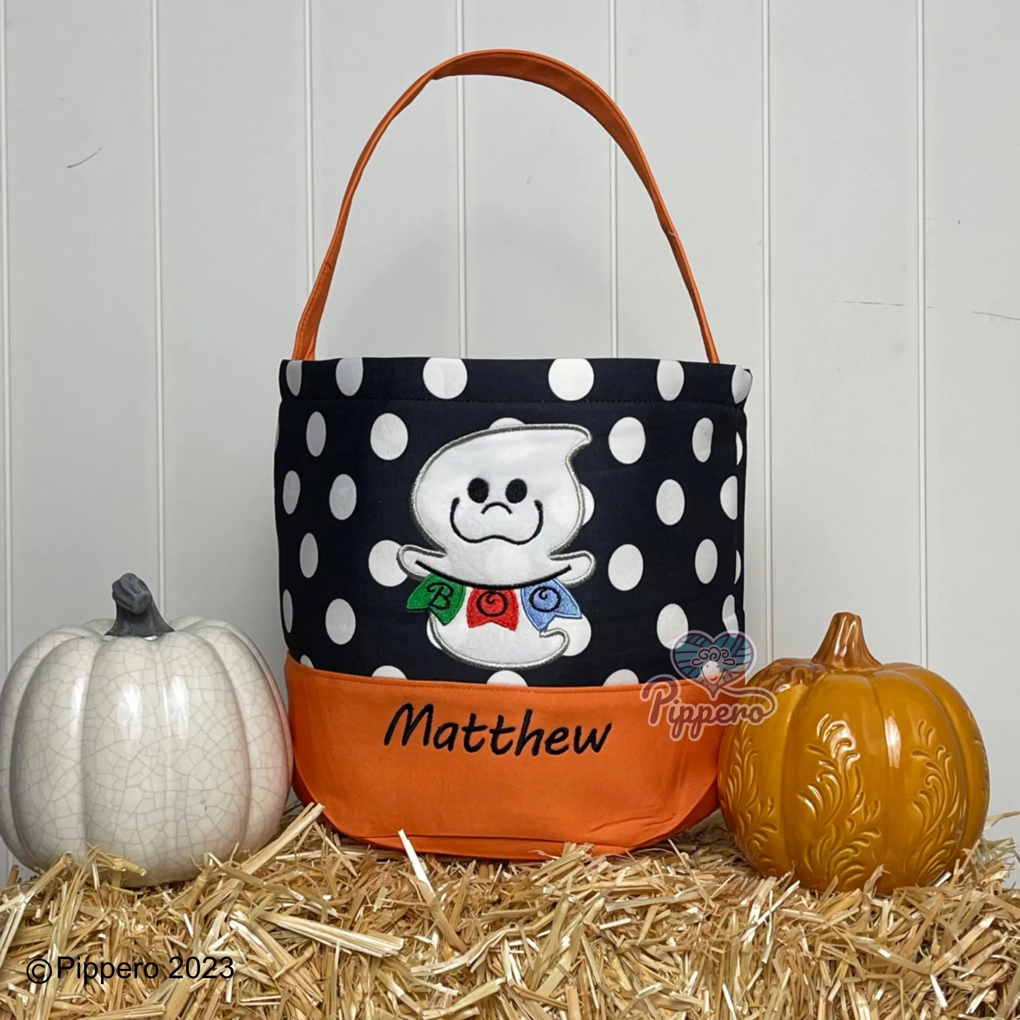 Personalized Custom Embroidered Large Dot Appliqué Character Trick-or-Treat Halloween Candy Bag Basket Bucket Tote Kid’s Gift for Boy or Girl