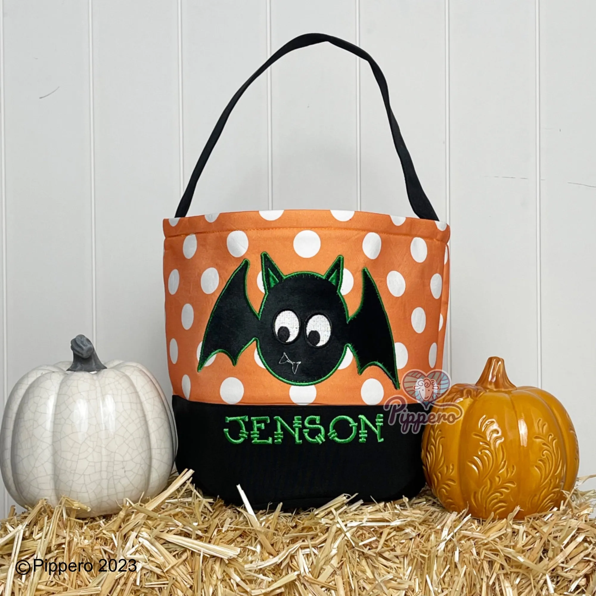 Personalized Custom Embroidered Large Dot Appliqué Character Trick-or-Treat Halloween Candy Bag Basket Bucket Tote Kid’s Gift for Boy or Girl