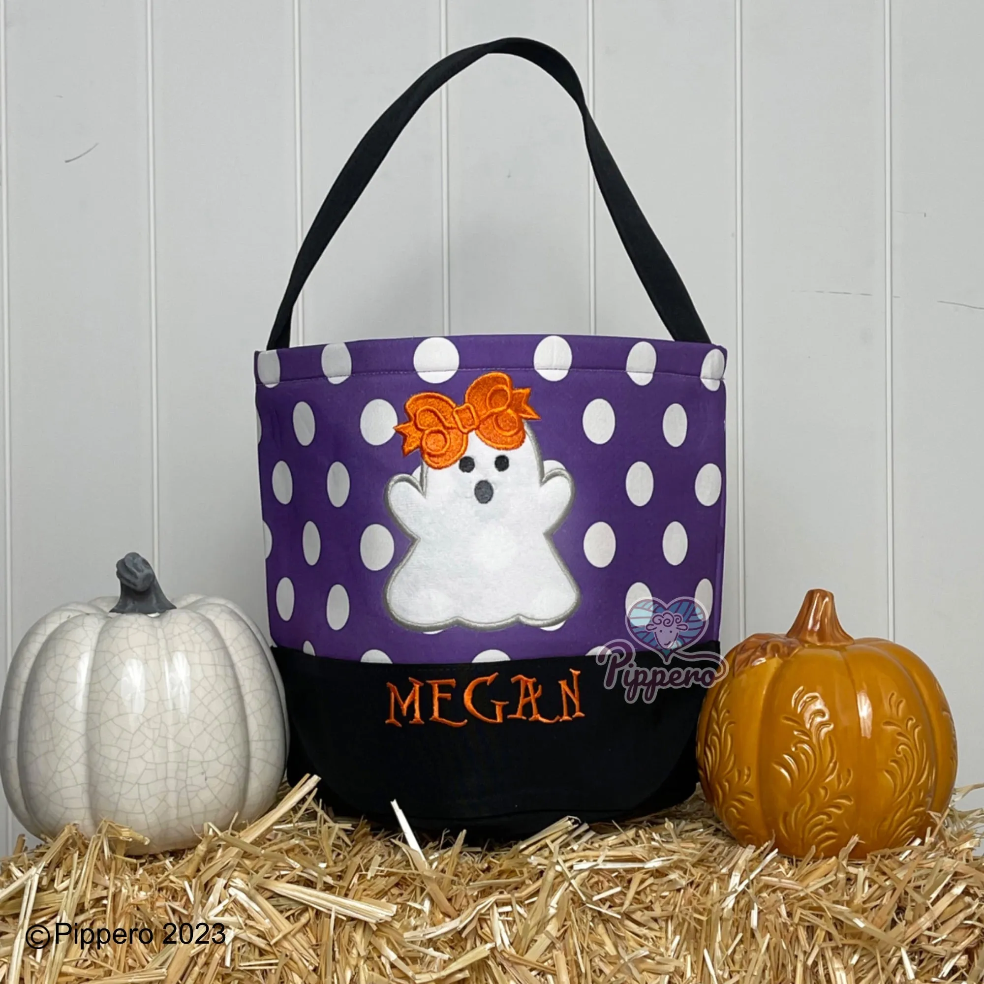 Personalized Custom Embroidered Large Dot Appliqué Character Trick-or-Treat Halloween Candy Bag Basket Bucket Tote Kid’s Gift for Boy or Girl