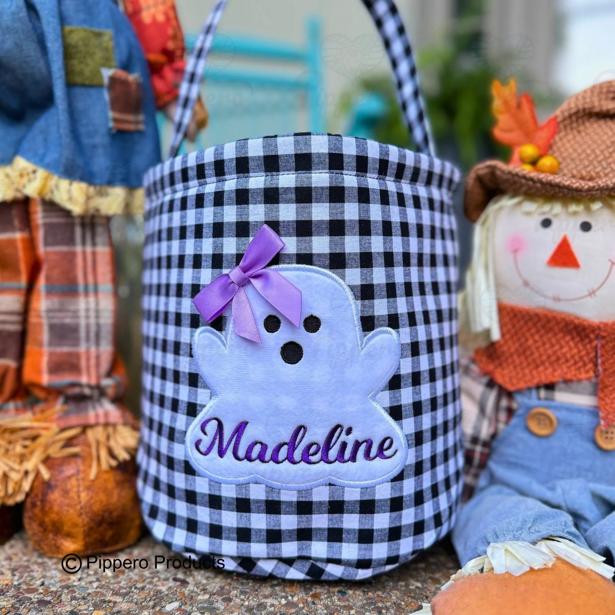 Personalized Embroidered Kid's Trick or Treat Halloween Candy Bag Basket Bucket Tote with Custom Gingham Ghost Appliqué Characters