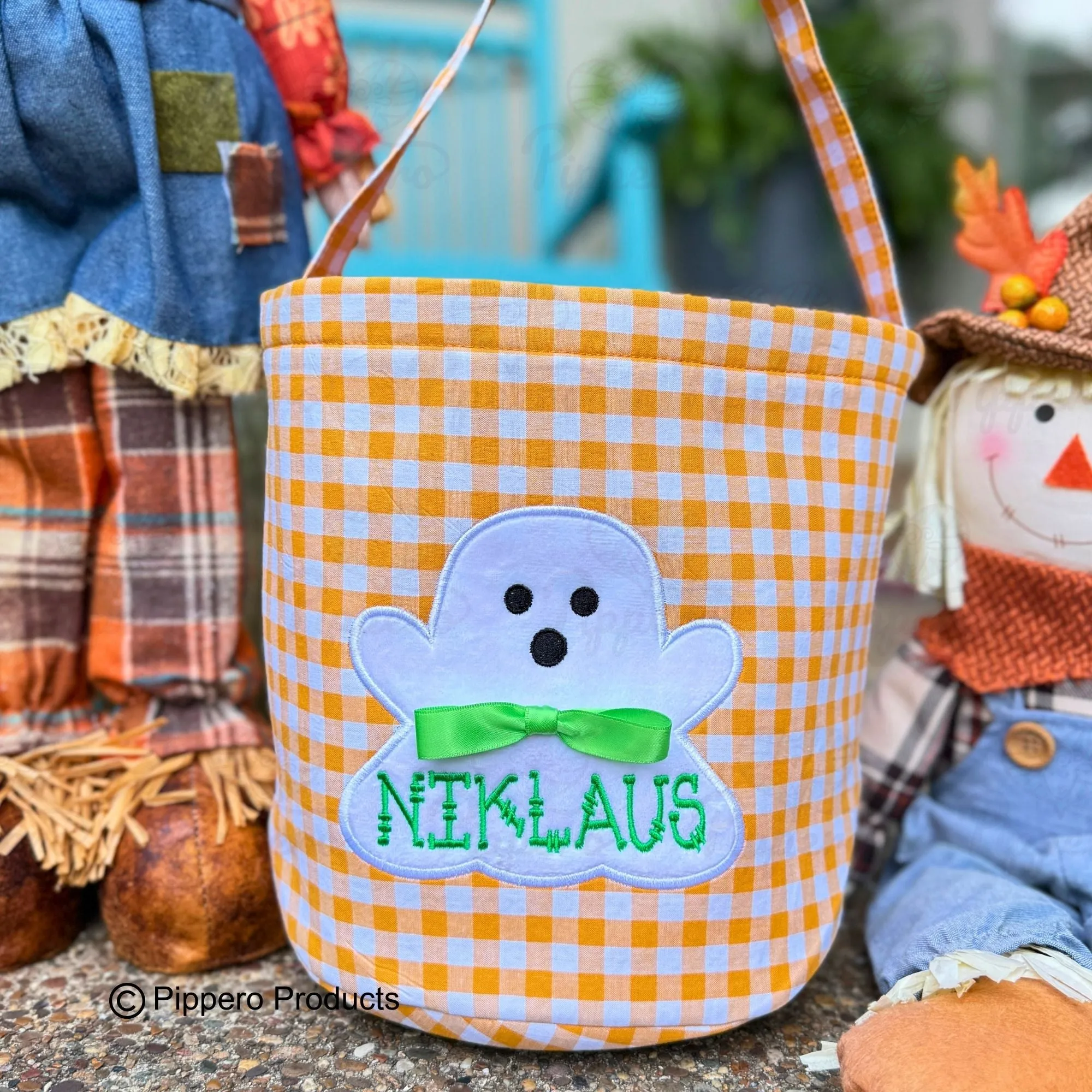 Personalized Embroidered Kid's Trick or Treat Halloween Candy Bag Basket Bucket Tote with Custom Gingham Ghost Appliqué Characters