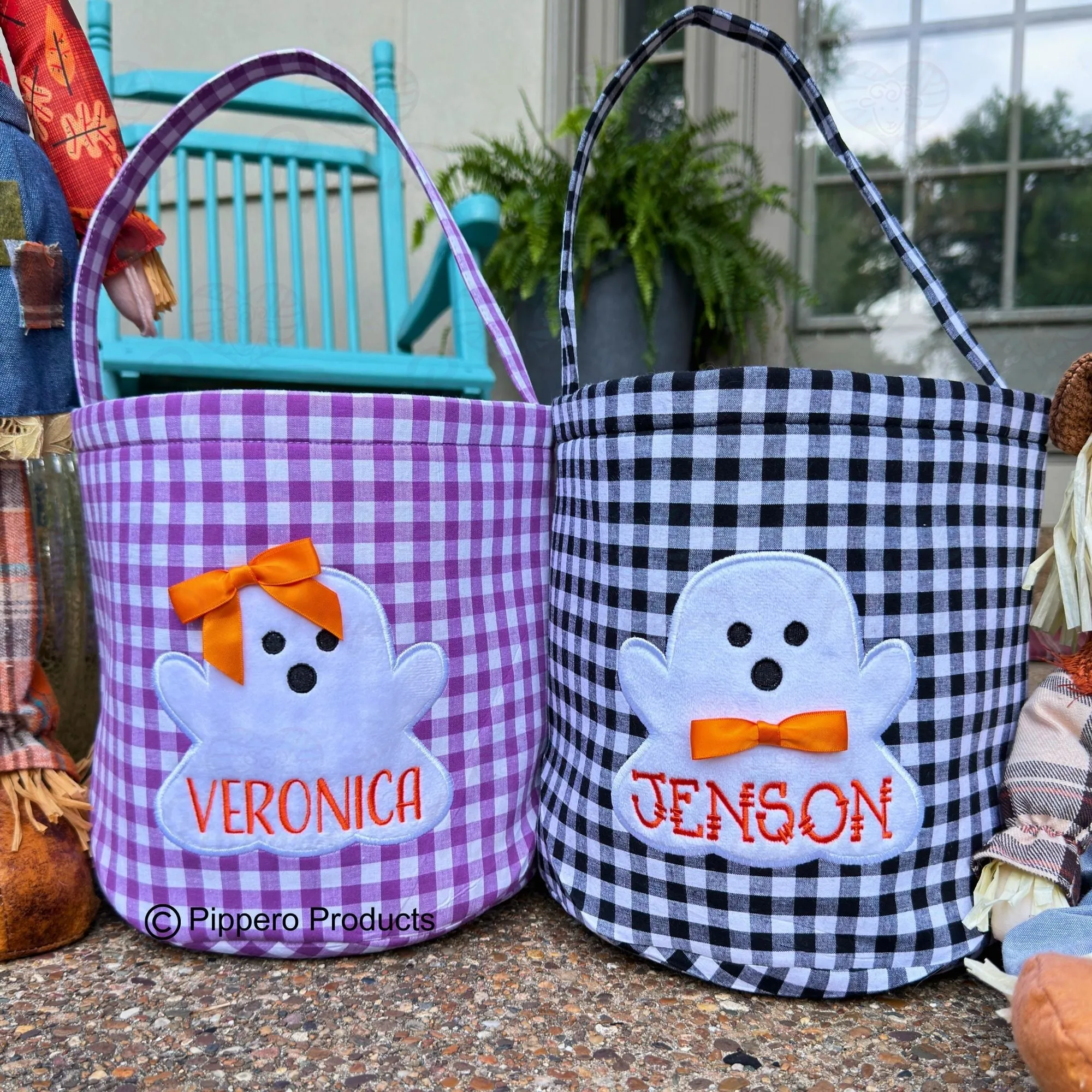Personalized Embroidered Kid's Trick or Treat Halloween Candy Bag Basket Bucket Tote with Custom Gingham Ghost Appliqué Characters