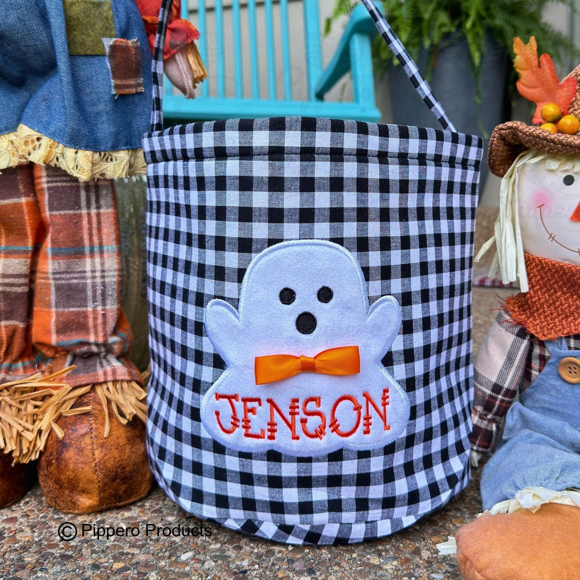 Personalized Embroidered Kid's Trick or Treat Halloween Candy Bag Basket Bucket Tote with Custom Gingham Ghost Appliqué Characters