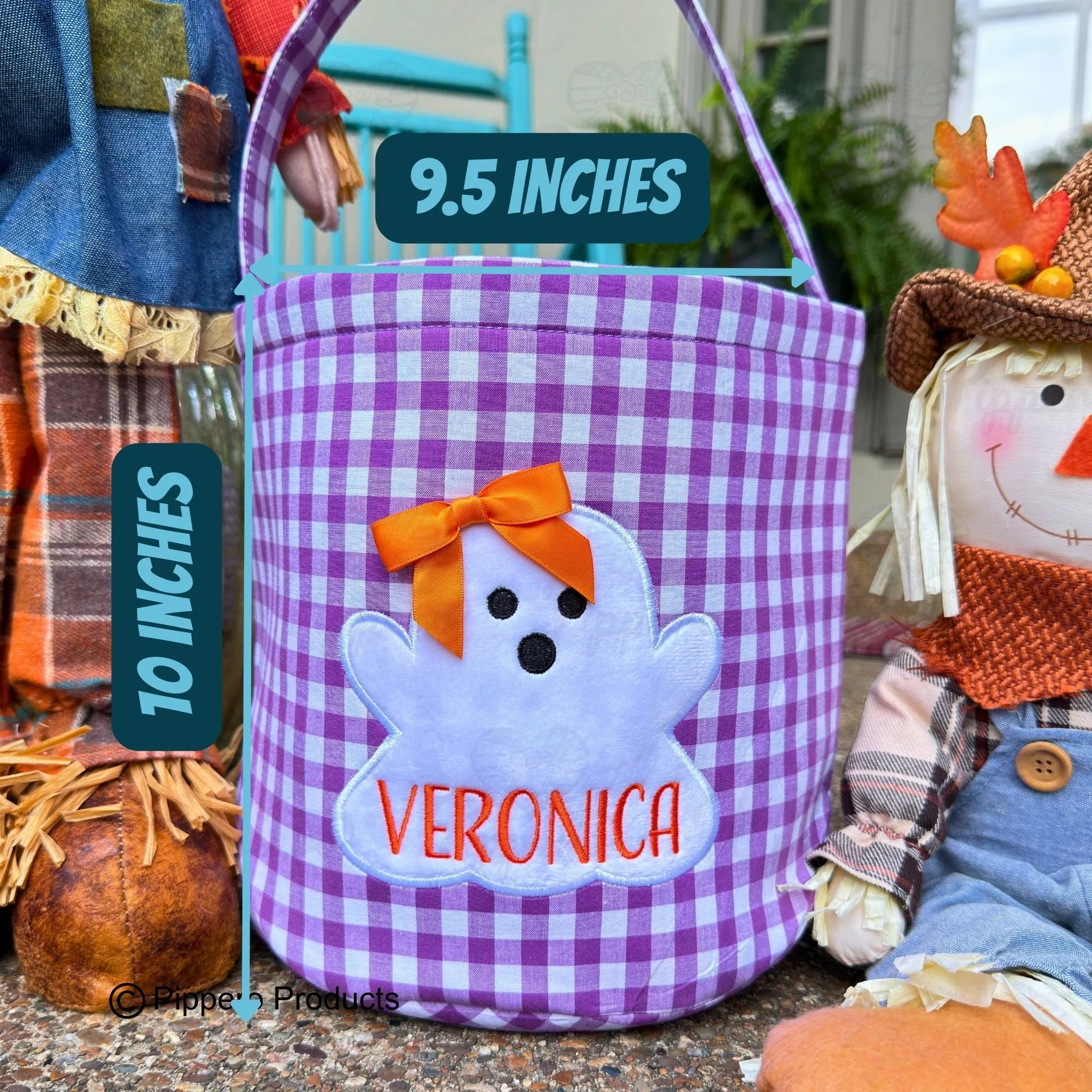 Personalized Embroidered Kid's Trick or Treat Halloween Candy Bag Basket Bucket Tote with Custom Gingham Ghost Appliqué Characters