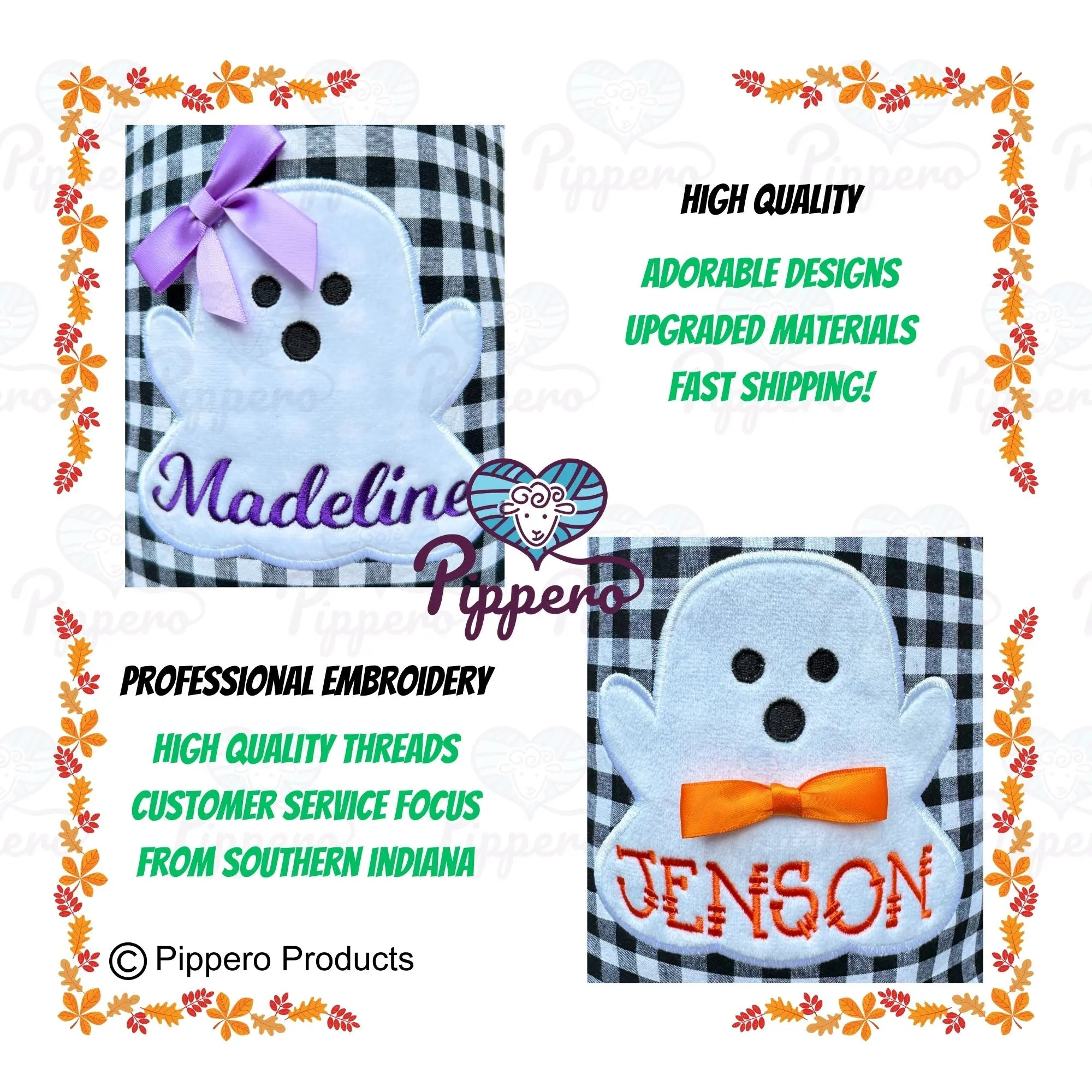 Personalized Embroidered Kid's Trick or Treat Halloween Candy Bag Basket Bucket Tote with Custom Gingham Ghost Appliqué Characters