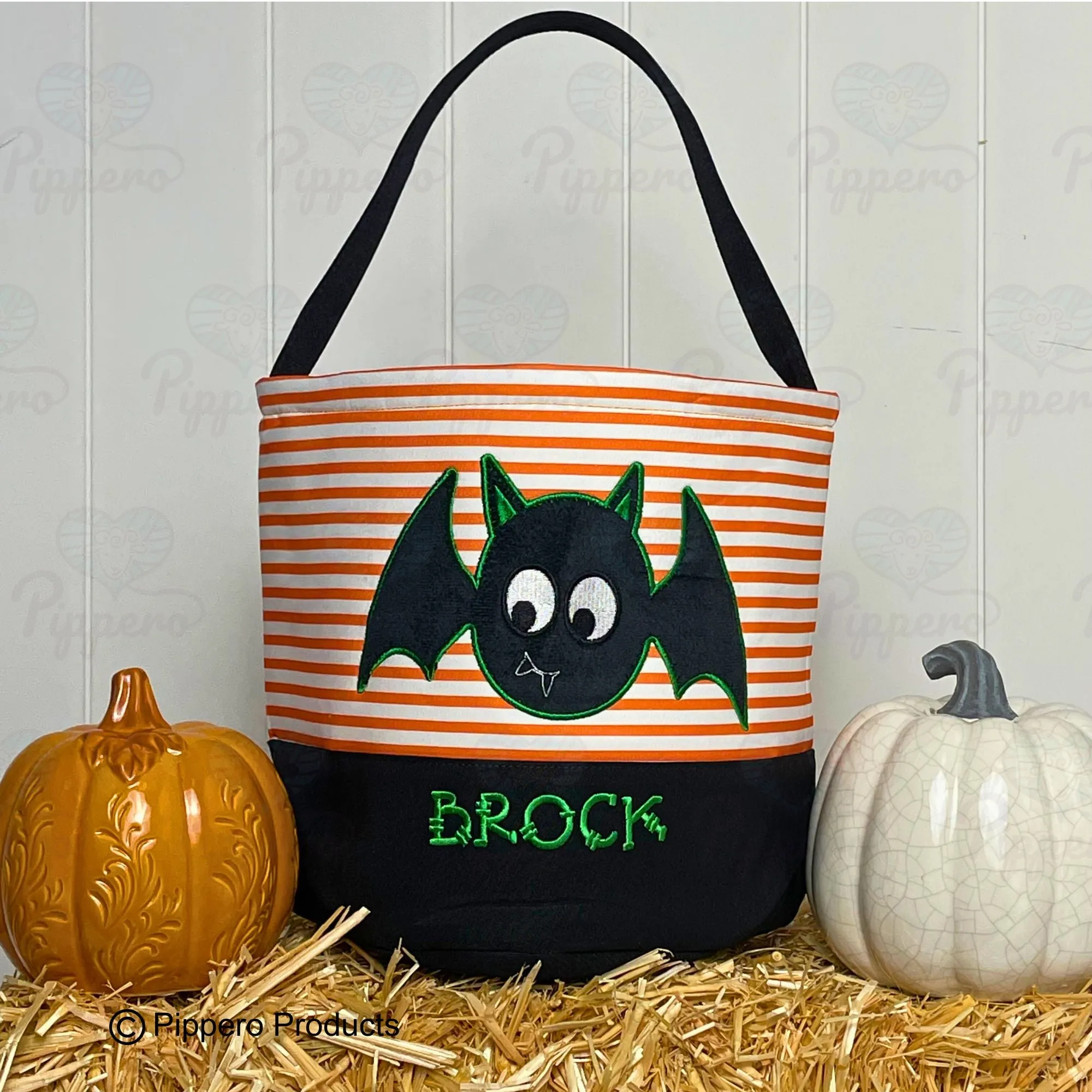 Personalized Embroidered Kid's Trick or Treat Halloween Candy Bag Basket Bucket Tote with Custom Striped Appliqué Characters