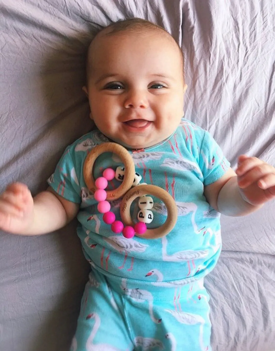 Personalized Teether Rattle: Custom Color Baby Wood Rattle and Teething Ring