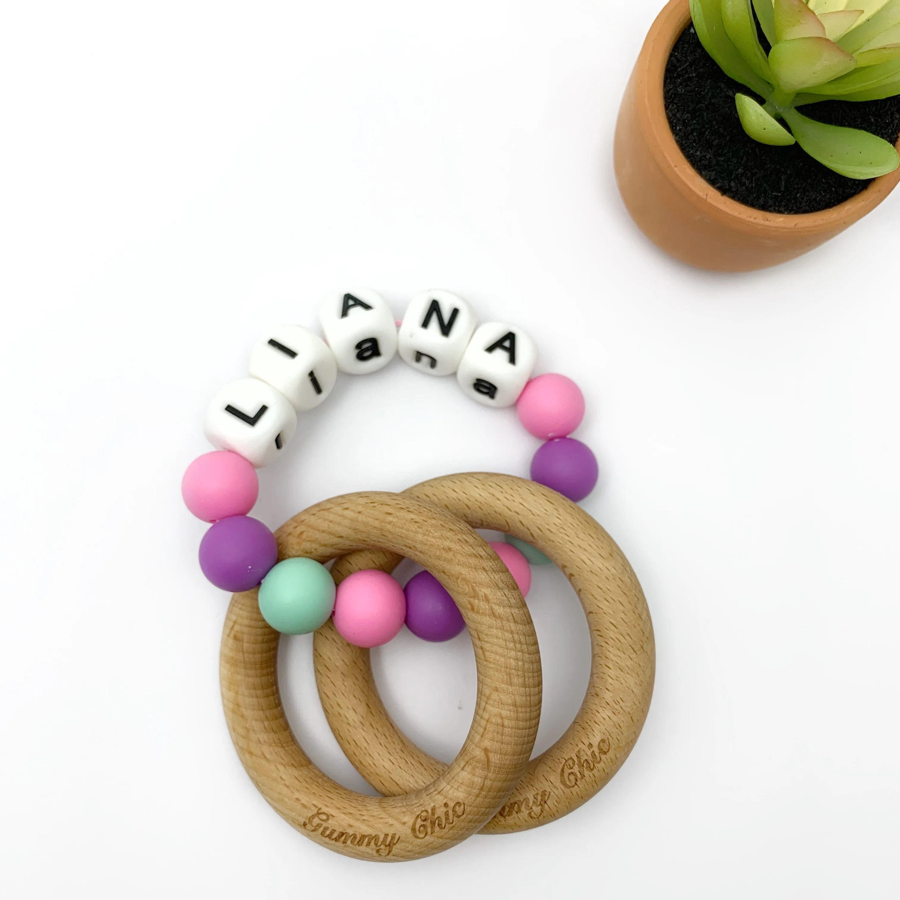 Personalized Teether Rattle: Custom Color Baby Wood Rattle and Teething Ring