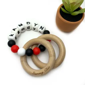 Personalized Teether Rattle: Custom Color Baby Wood Rattle and Teething Ring