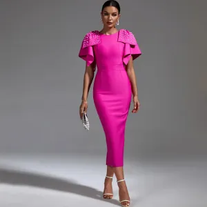 Pink Bandage Dress for Women Midi Party Dress Bodycon Elegant Beaded Ruffle Sexy Evening Club Wedding Guest Dress