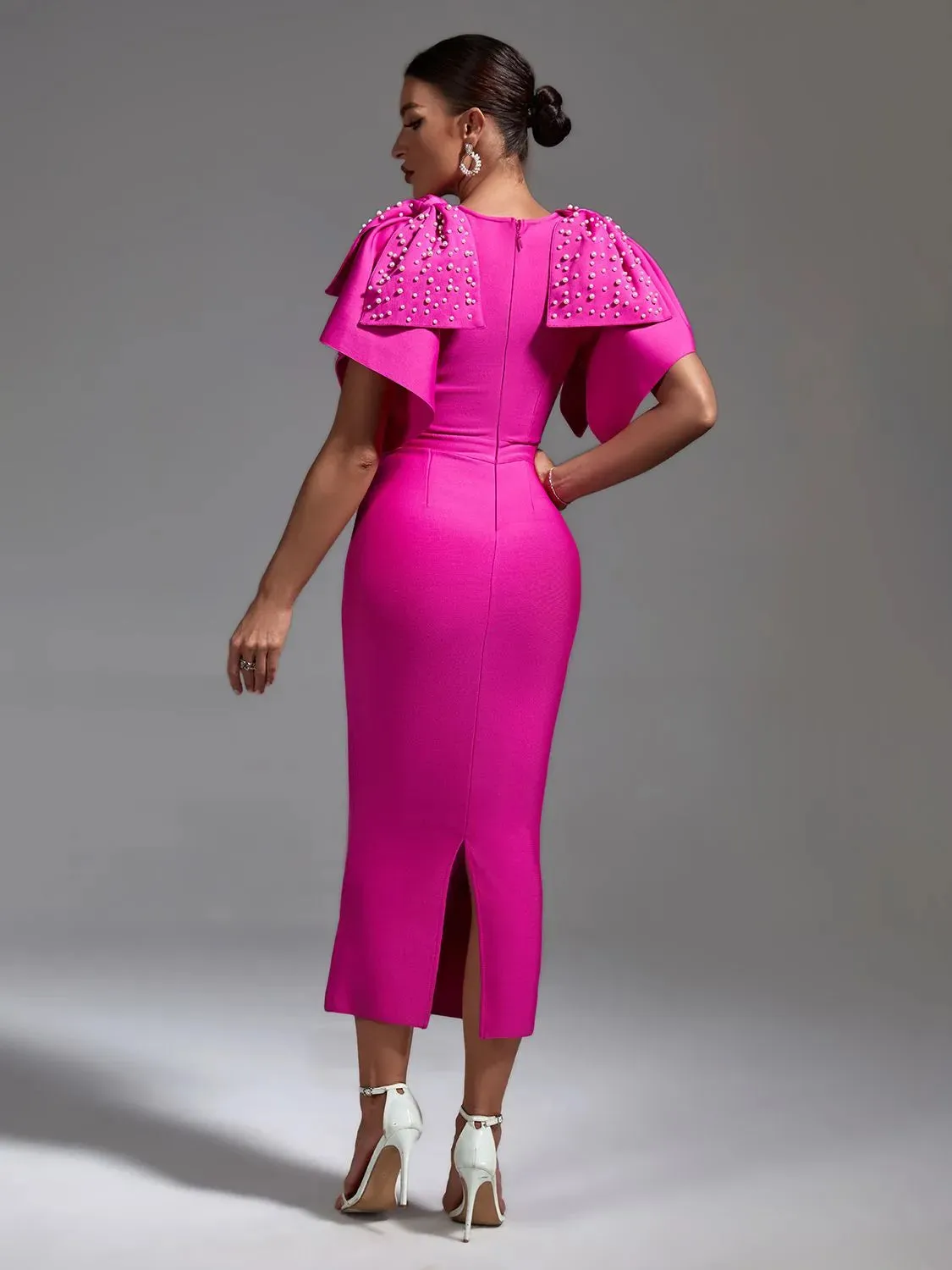Pink Bandage Dress for Women Midi Party Dress Bodycon Elegant Beaded Ruffle Sexy Evening Club Wedding Guest Dress
