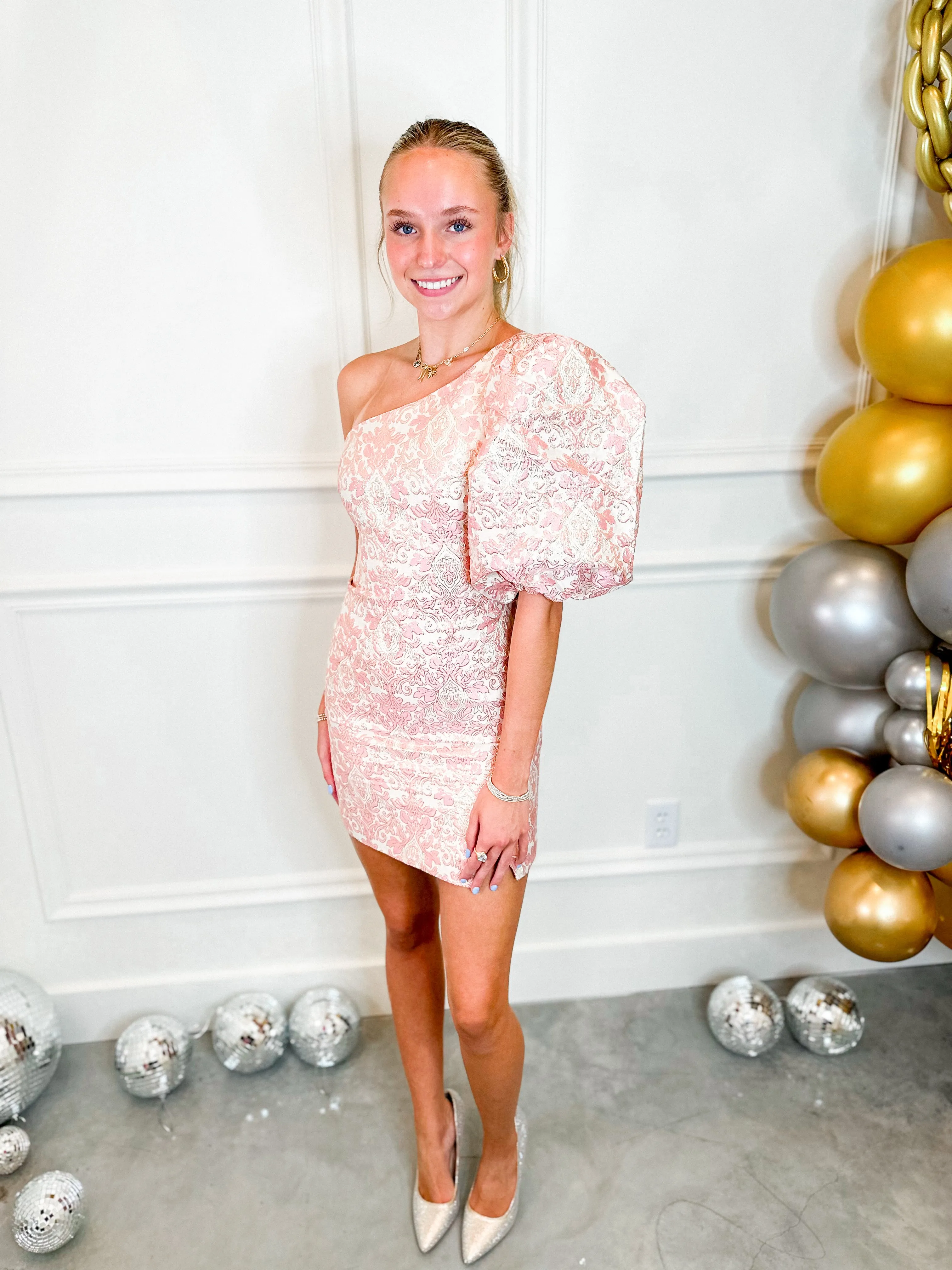 Pink Jacquard One Shoulder Dress