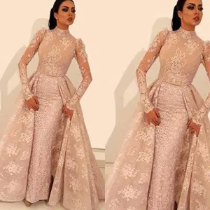 pink lace evening dresses with detachable train 2020 high neck arabic elegant long sleeve evening gown robe de soiree