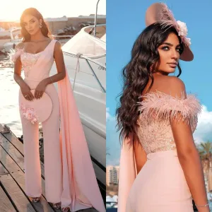 pink outfit feather lace applique jumpsuit for women sequin elegant pant suit for weddings