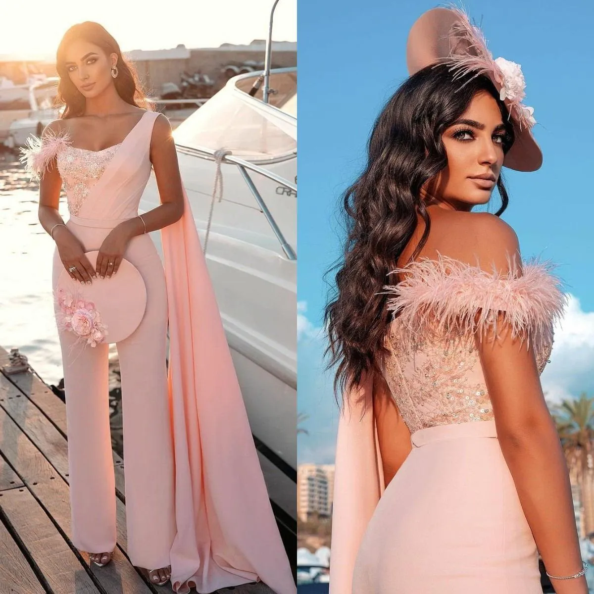 pink outfit feather lace applique jumpsuit for women sequin elegant pant suit for weddings