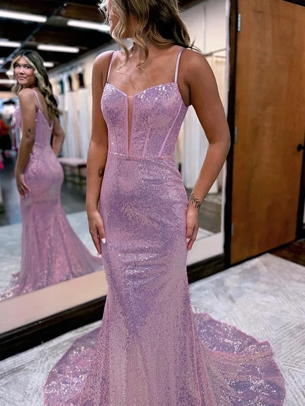 Pink Sequins Evening Dresses UK Mermaid Long Formal Gowns