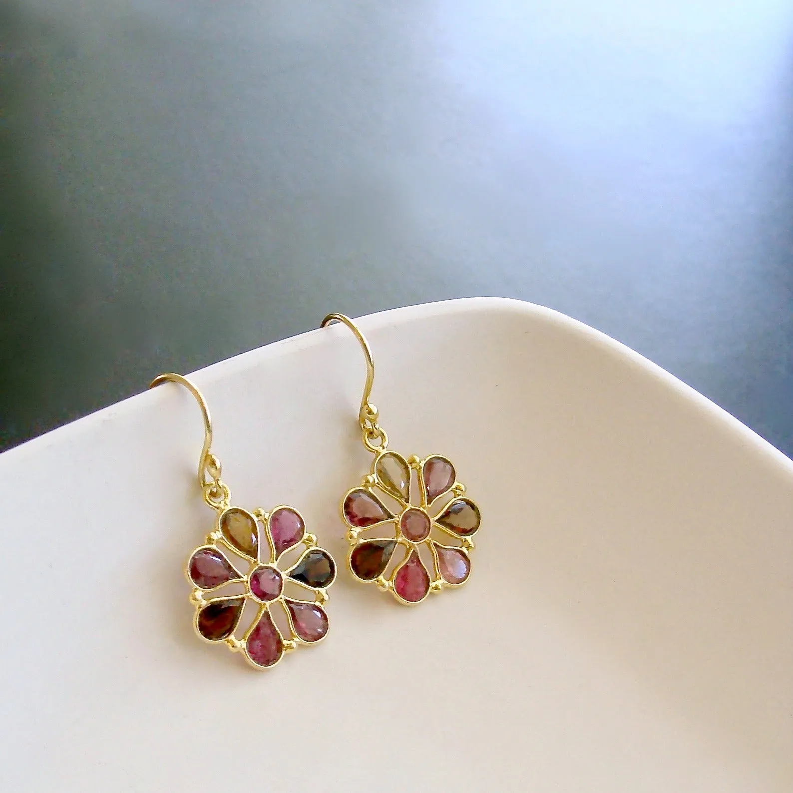 Pink Tourmaline Flower Dangle Earrings - Pandora Earrings