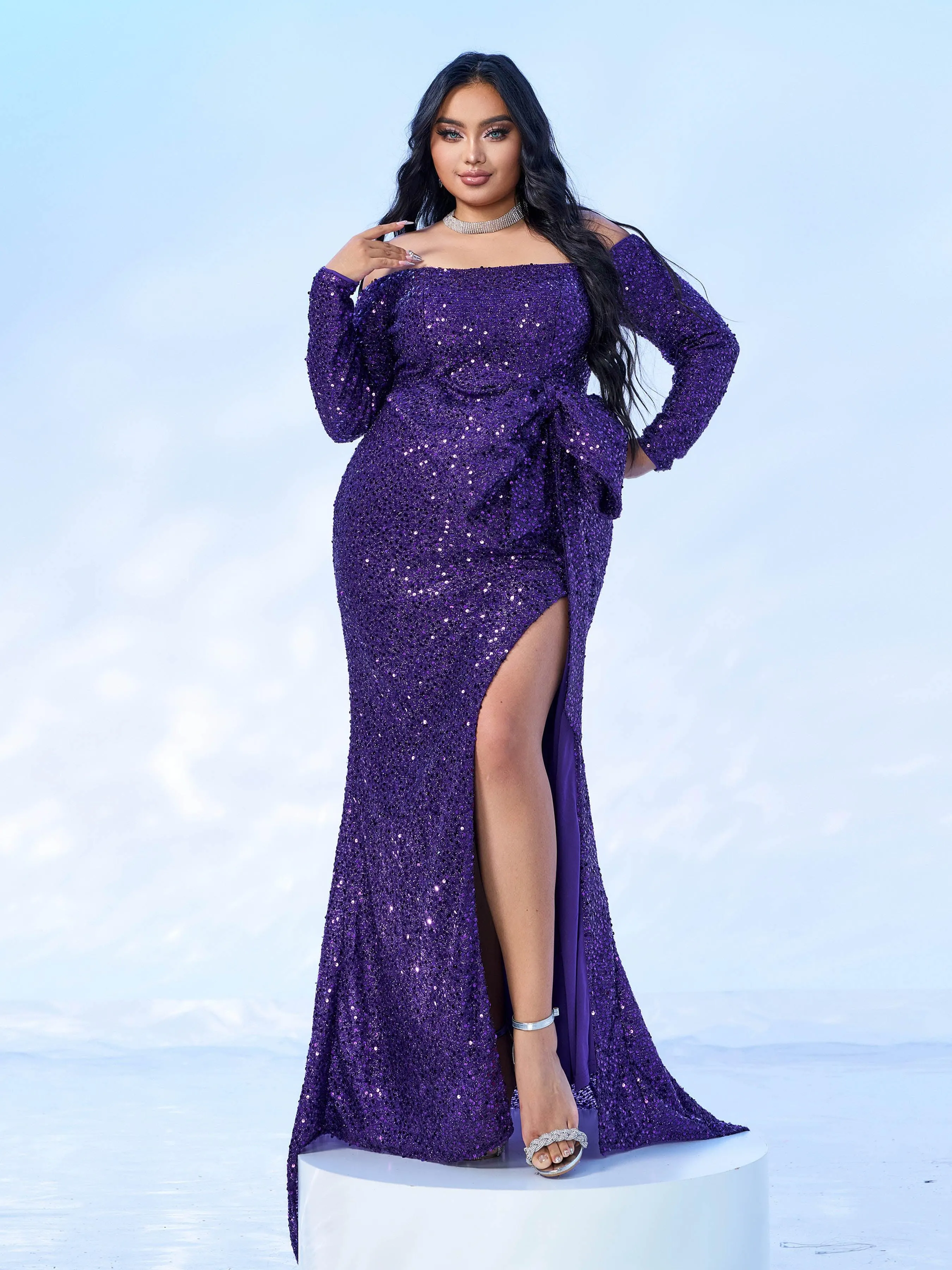 Plus Size Bow Knot Split Formal Dress PXH2122
