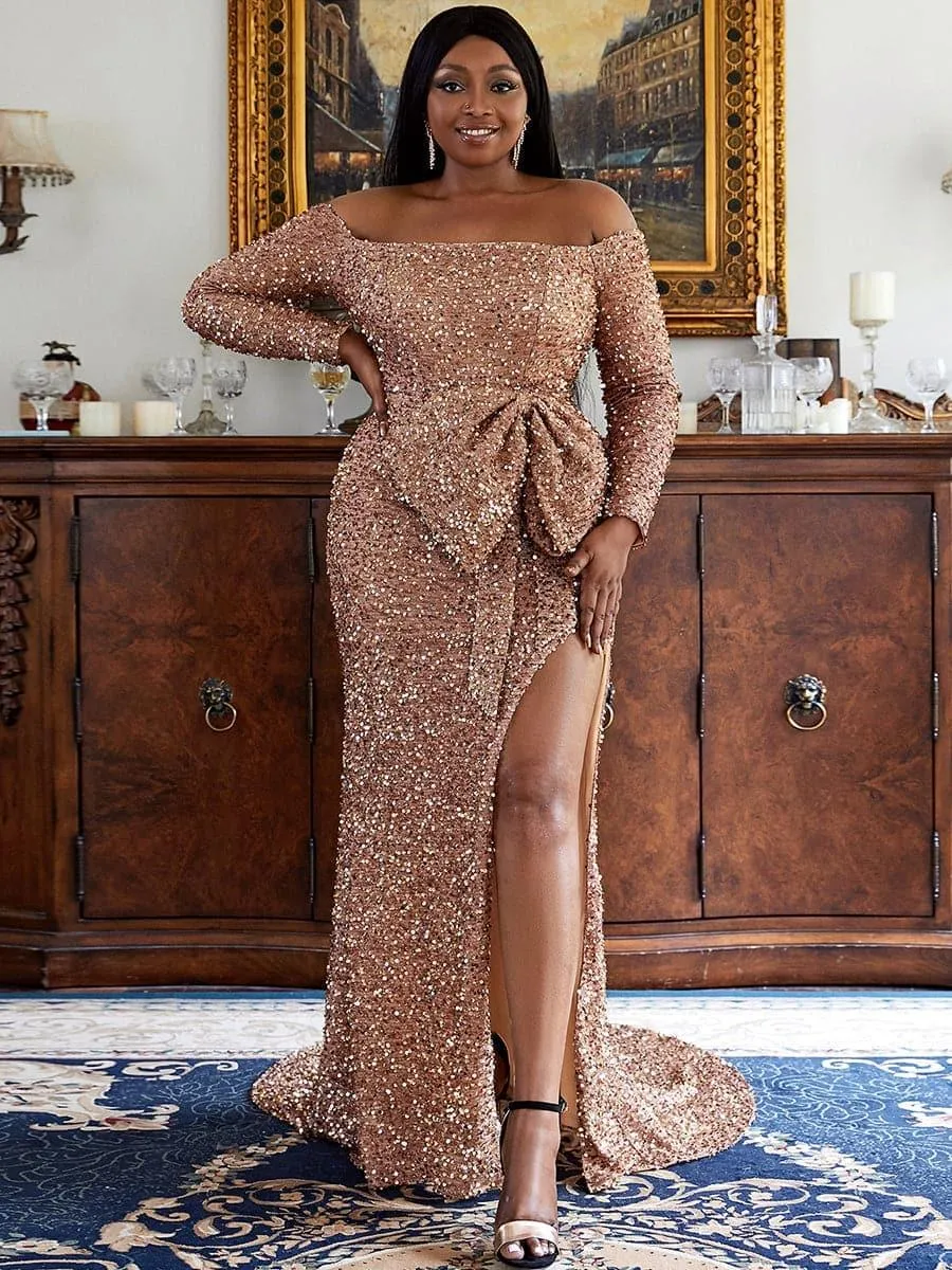 Plus Size Bow Knot Split Formal Dress PXH2122