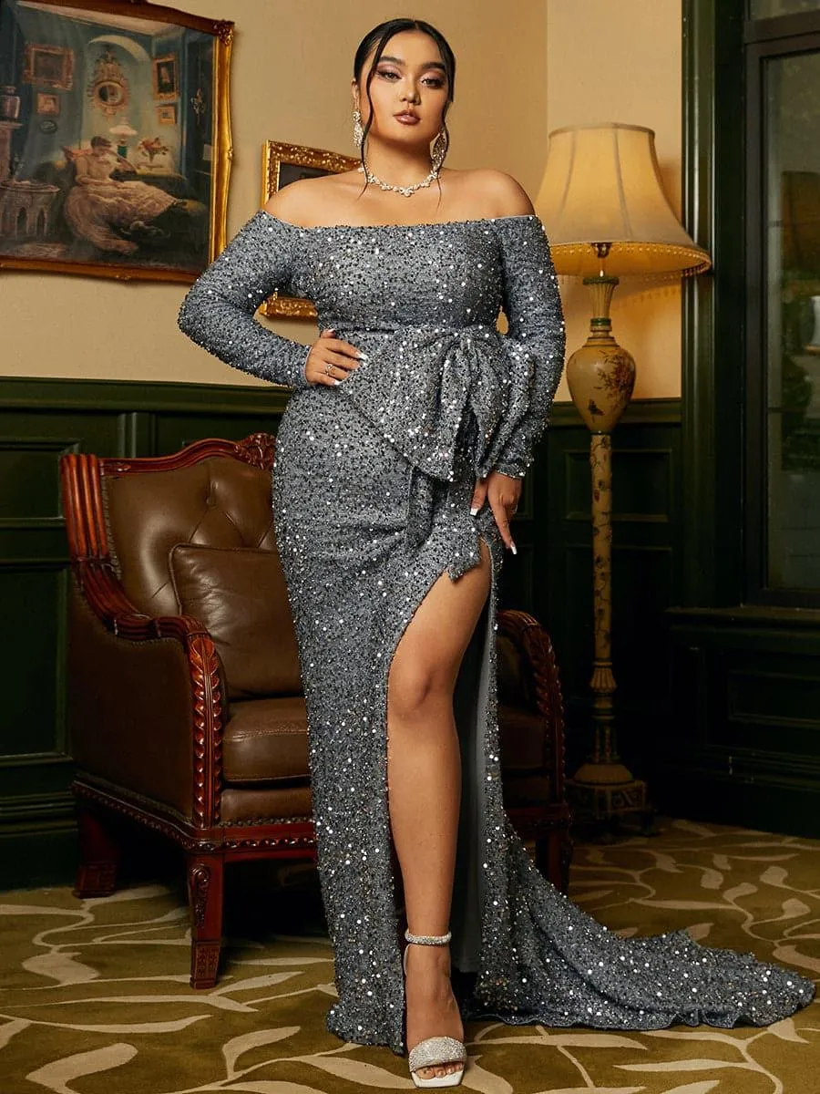 Plus Size Bow Knot Split Formal Dress PXH2122