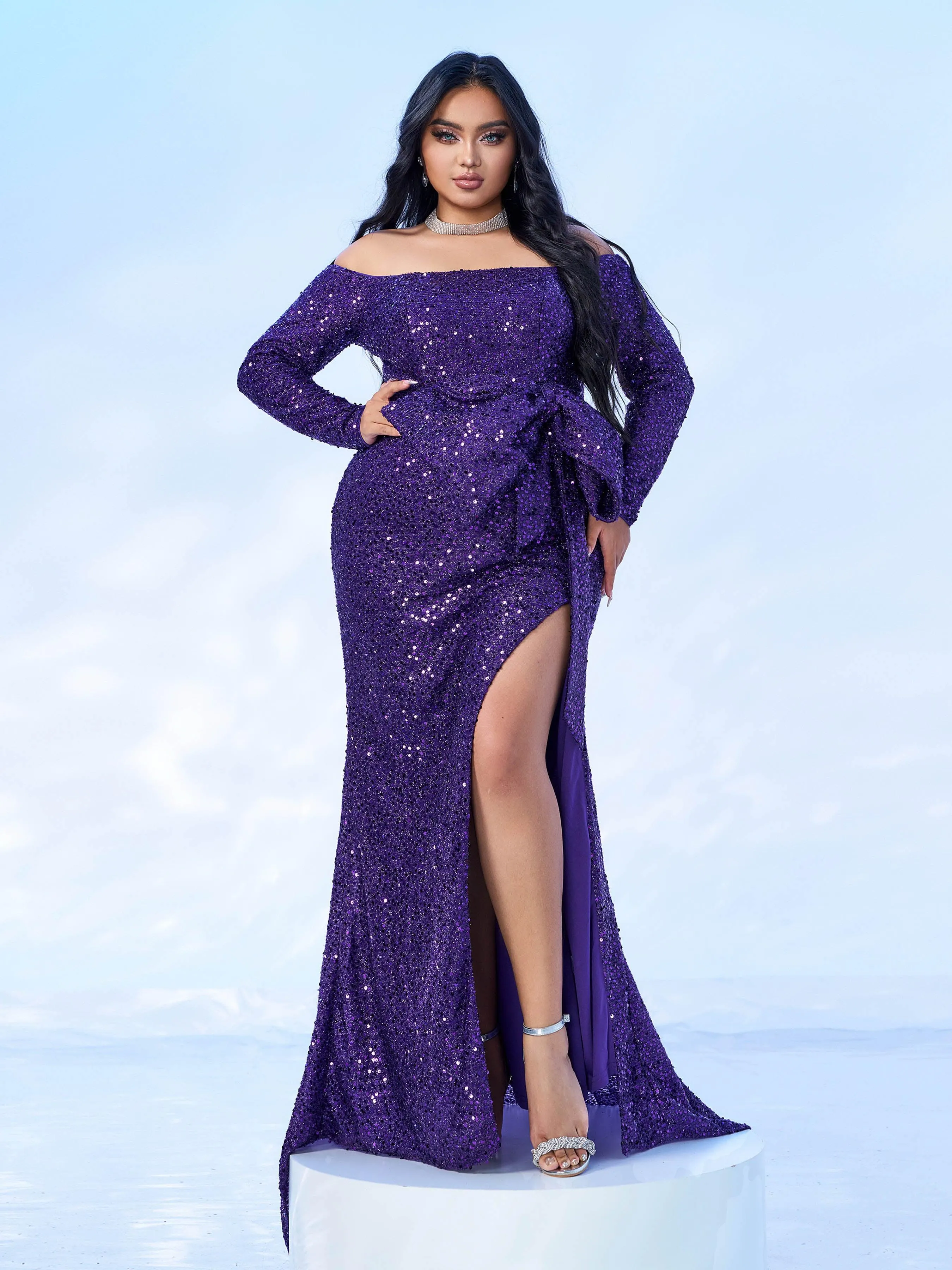 Plus Size Bow Knot Split Formal Dress PXH2122