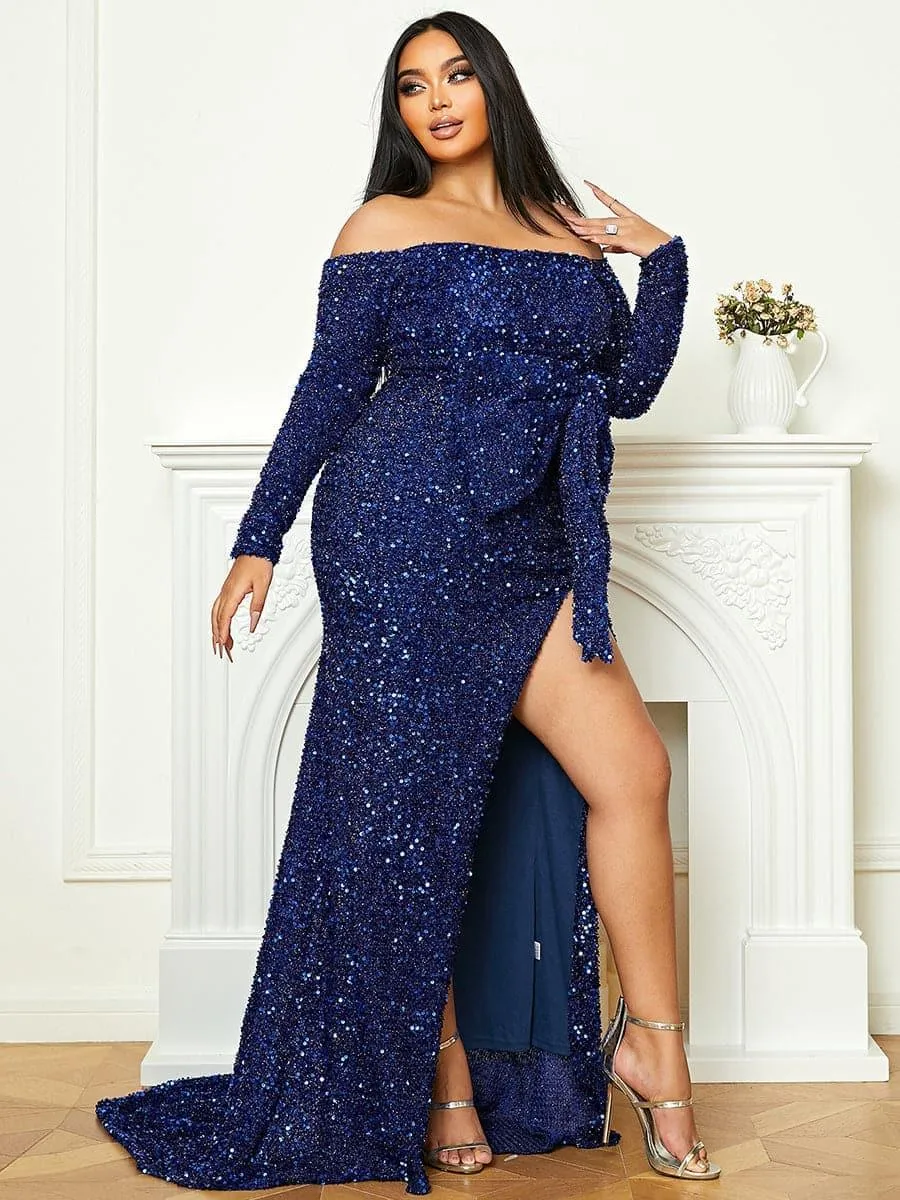 Plus Size Bow Knot Split Formal Dress PXH2122