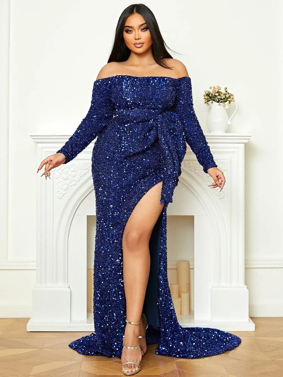 Plus Size Bow Knot Split Formal Dress PXH2122