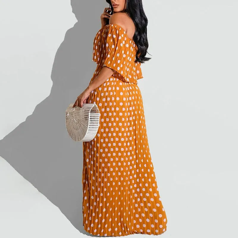 Polka Dot Print Off Shoulder Short Sleeve Maxi Dress
