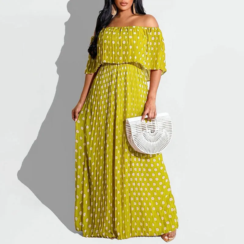 Polka Dot Print Off Shoulder Short Sleeve Maxi Dress