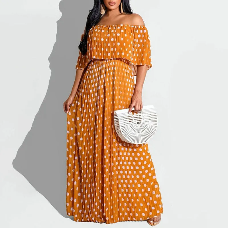 Polka Dot Print Off Shoulder Short Sleeve Maxi Dress