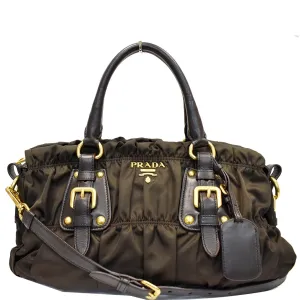 PRADA Tessuto Gaufre Ruched Nylon Leather Shoulder Bag Green
