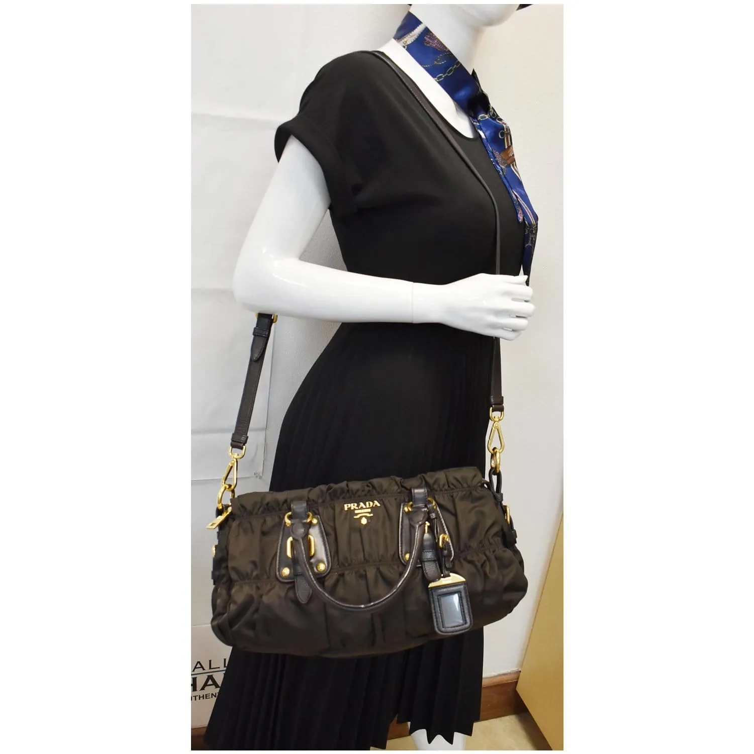 PRADA Tessuto Gaufre Ruched Nylon Leather Shoulder Bag Green