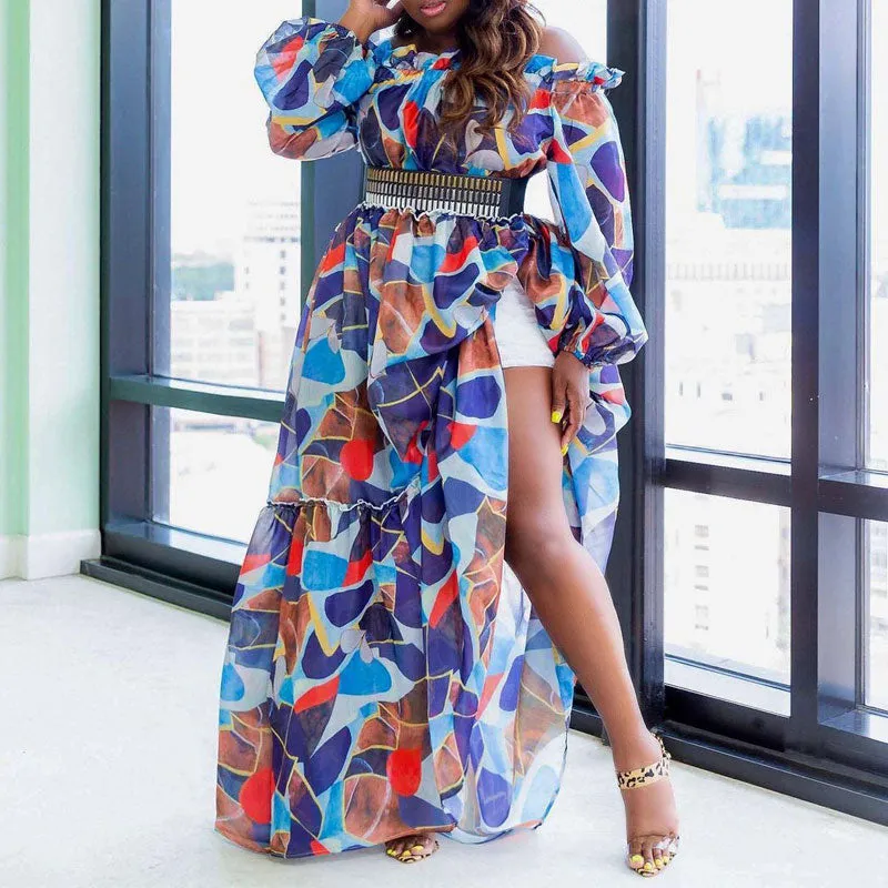 Print Off Shoulder Long Sleeve Big Swing Maxi Dress