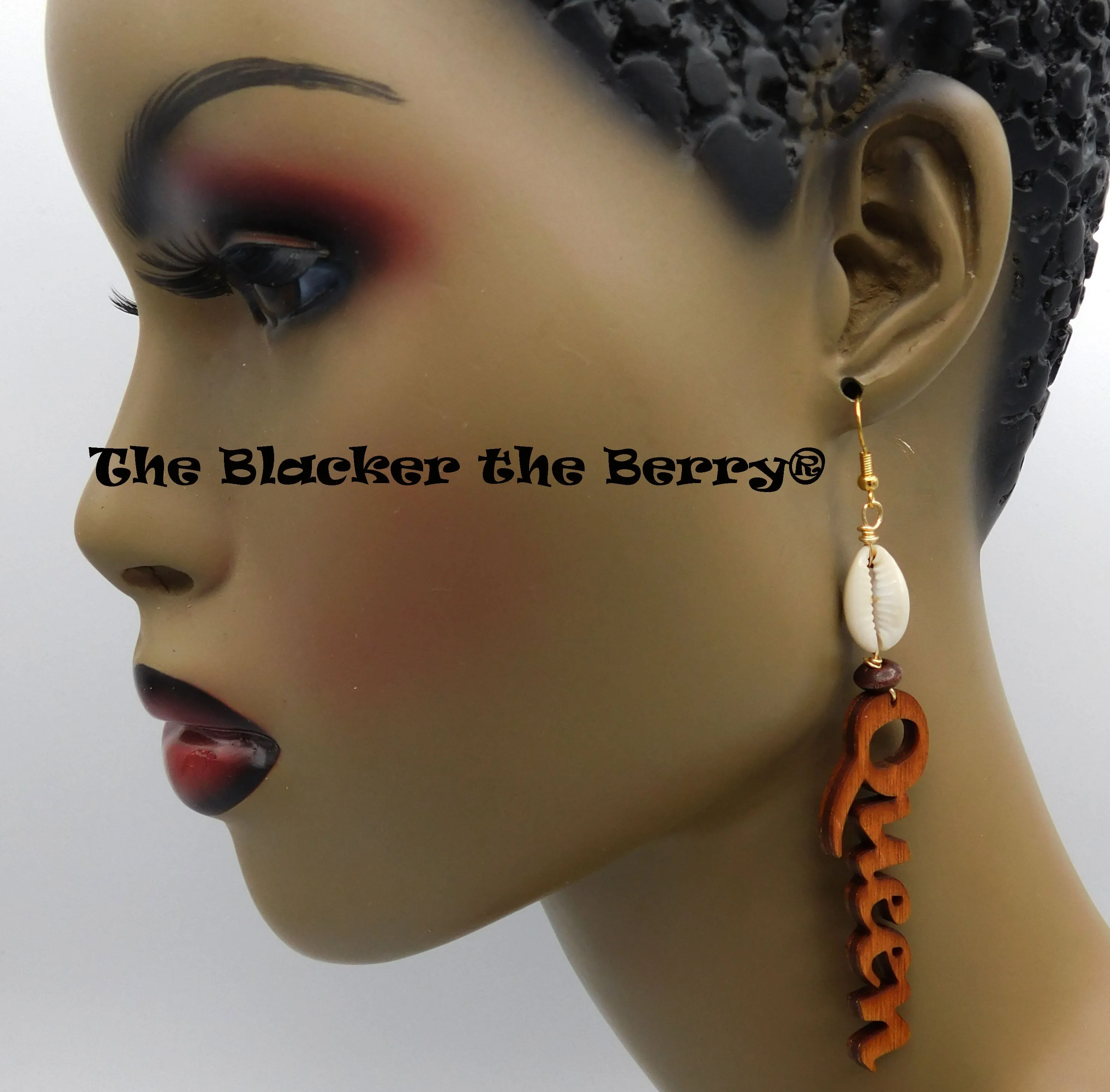 Queen Earrings Wooden Dangle Jewelry Handmade Cowrie Shell Gift Ideas