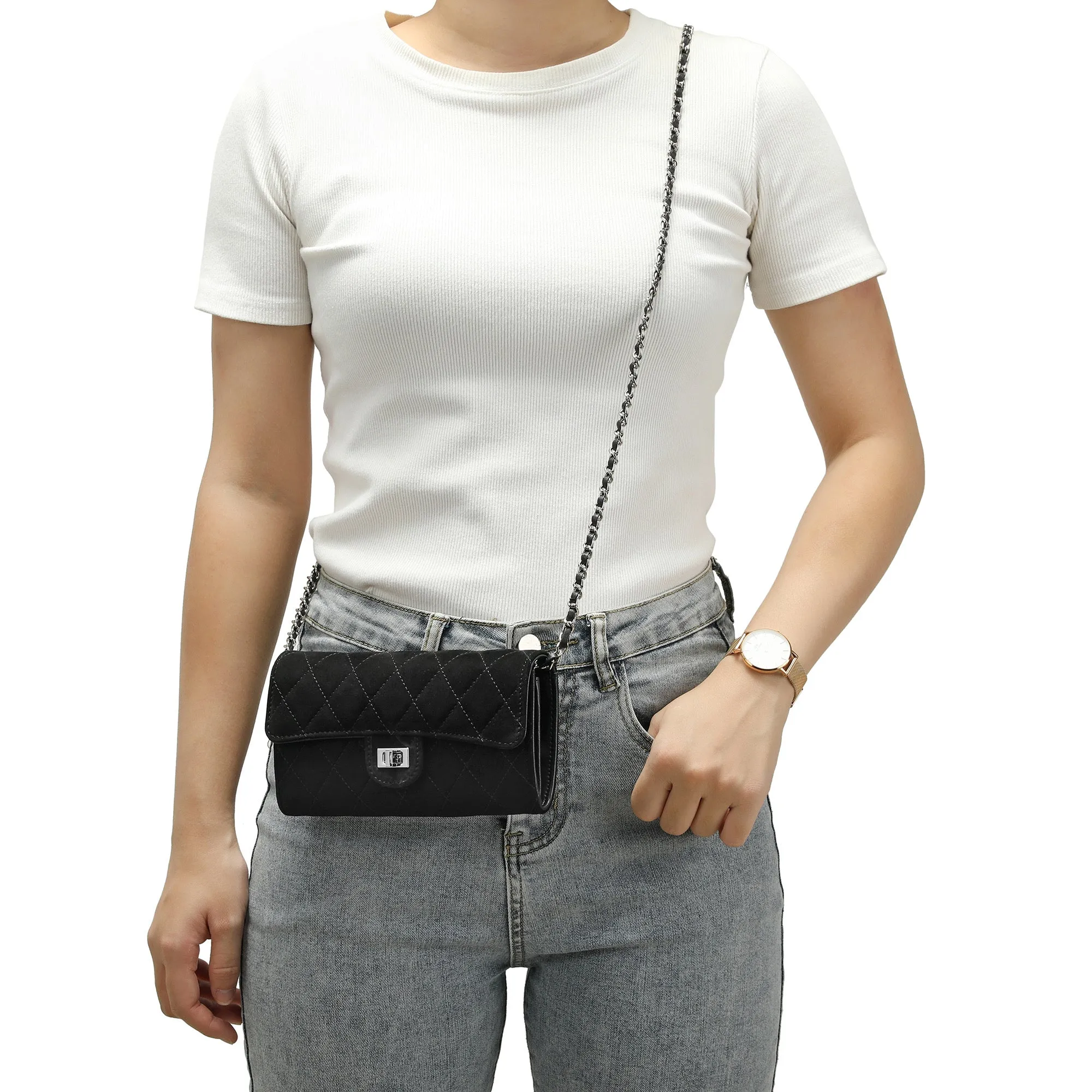 Quilted Suede Wallet-On-Chain/Clutch