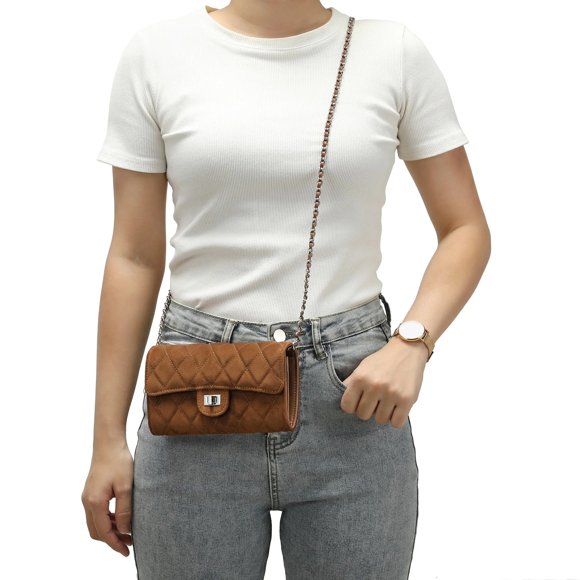 Quilted Suede Wallet-On-Chain/Clutch