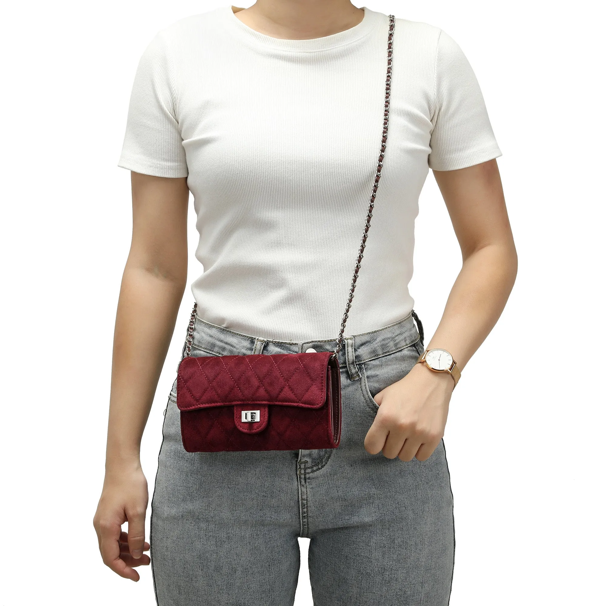 Quilted Suede Wallet-On-Chain/Clutch