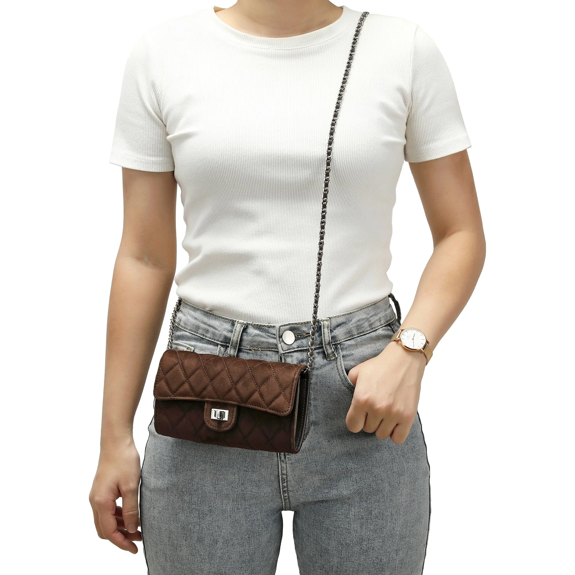 Quilted Suede Wallet-On-Chain/Clutch