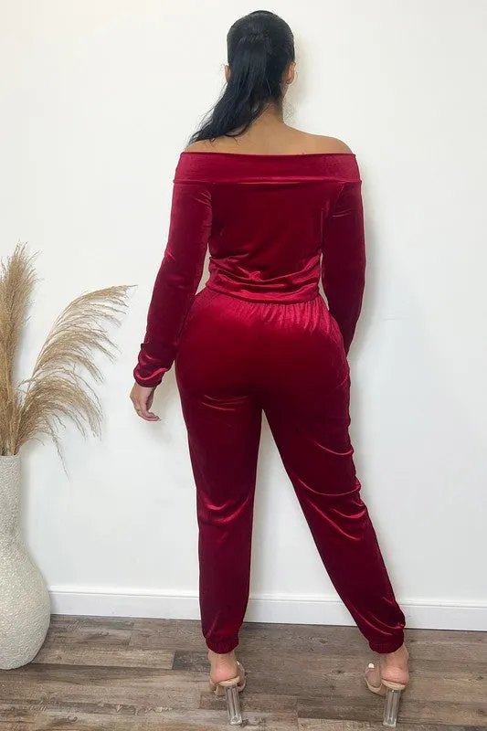 "Holiday Cheque" Off Shoulder Jumpsuit - Burgundy