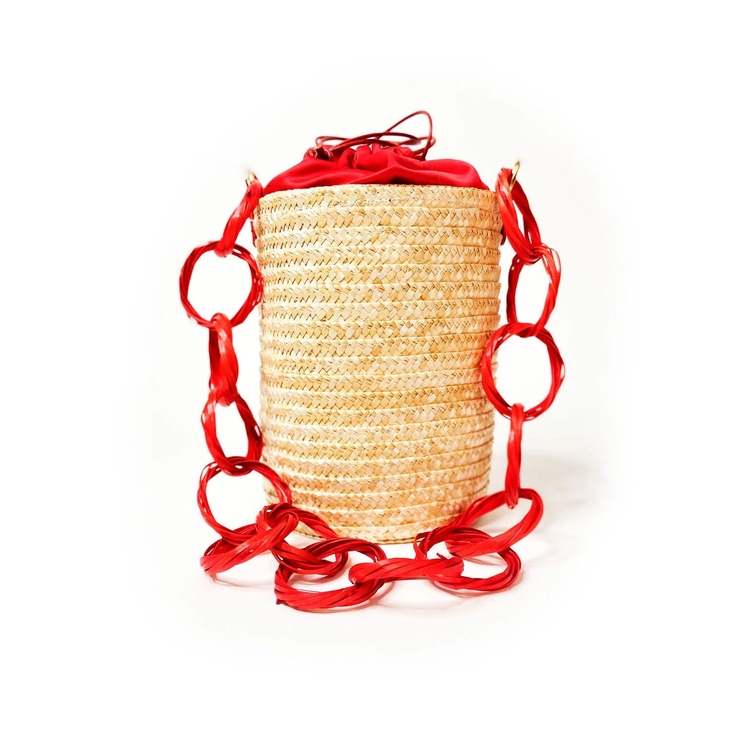 Red Cherry Raffia Bucket Bag