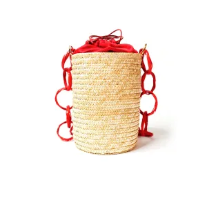 Red Cherry Raffia Bucket Bag