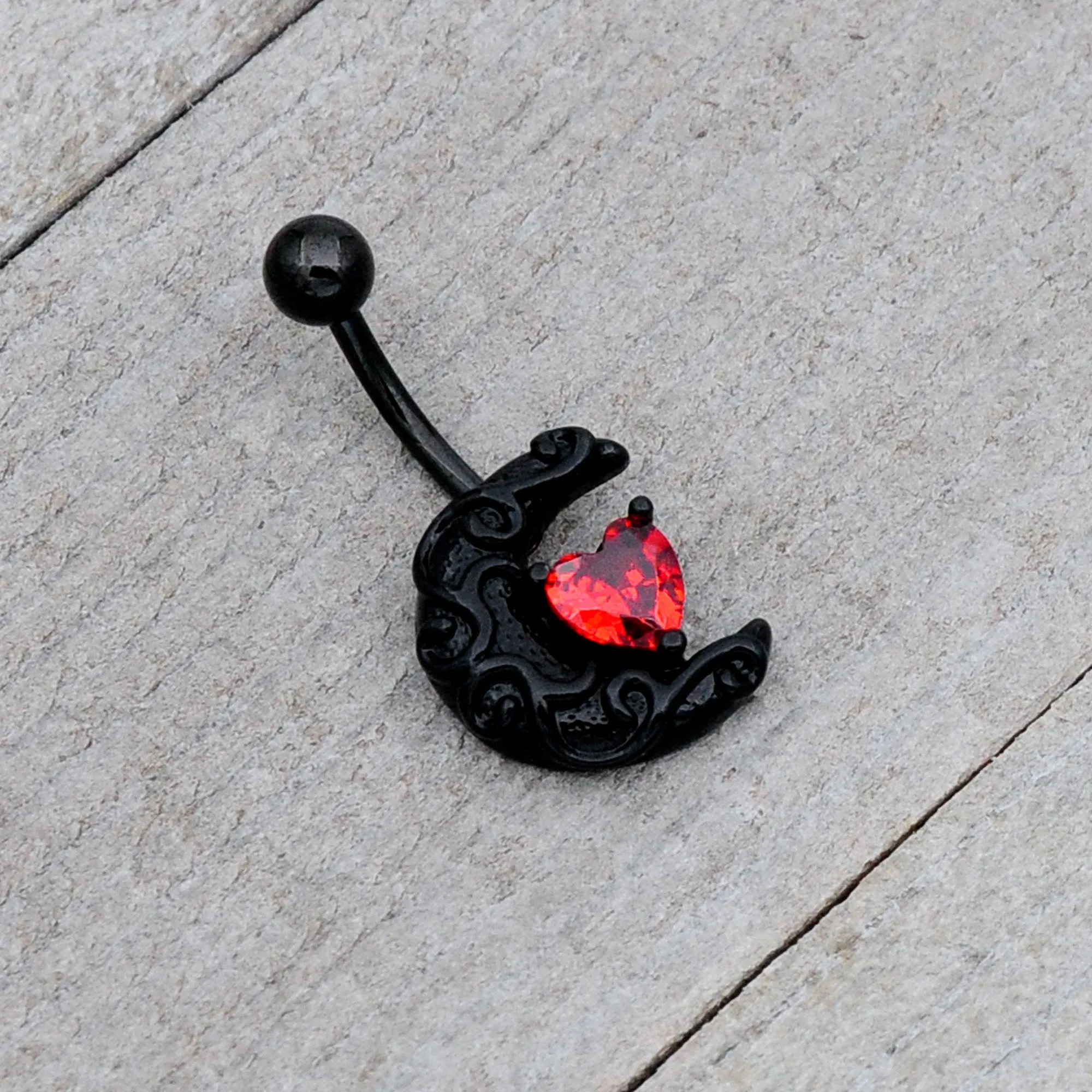 Red CZ Gem Black Scroll Moon Heart Belly Ring