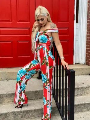 Red Flower Print Jumpsuit