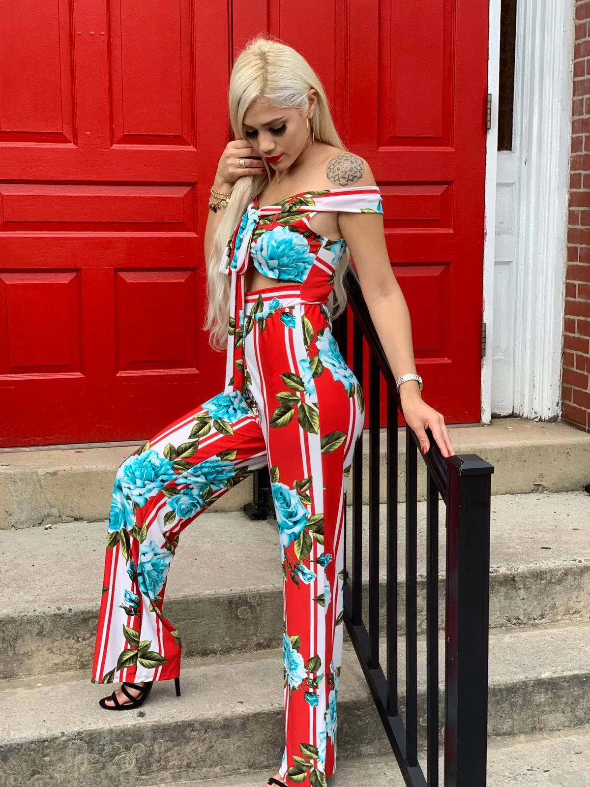 Red Flower Print Jumpsuit